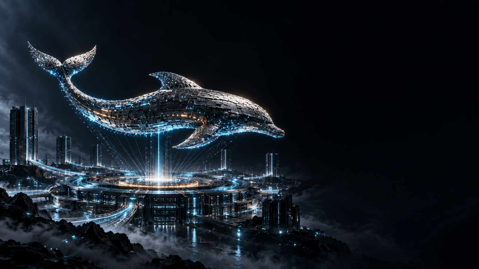 The DELFE dolphin formed from digital elements above an interconnected business ecosystem